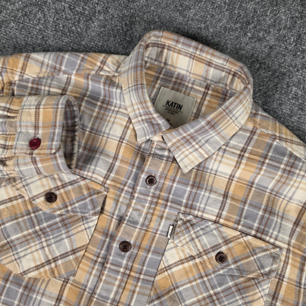 Katin Flannel Shirt Mens Small Tan Brown Grey Plaid Long Sleeve Button Up Pocket